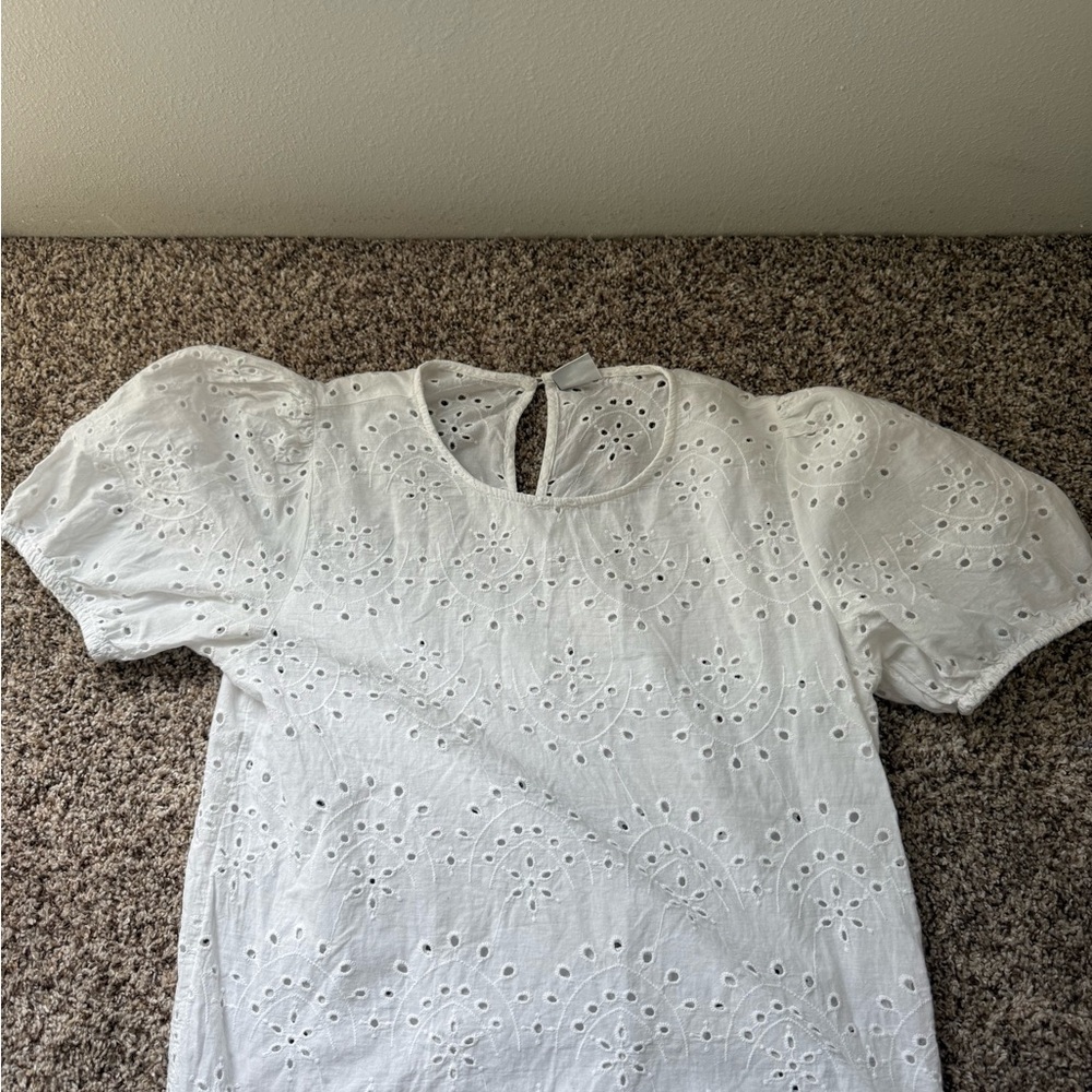 White Relaxed Puff Sleeve Blouse with Cut Out Design - Size S